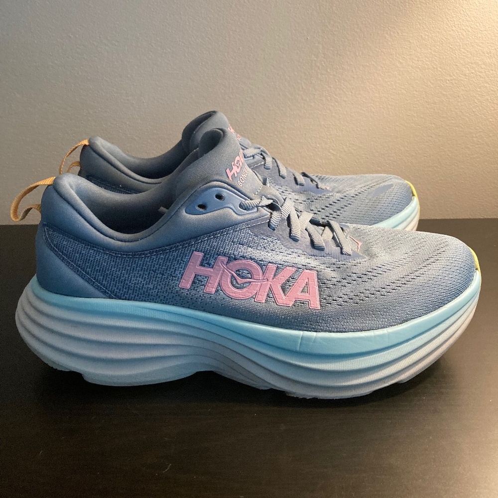 Hoka Bondi 8 Blue and Pink Athletic Shoes